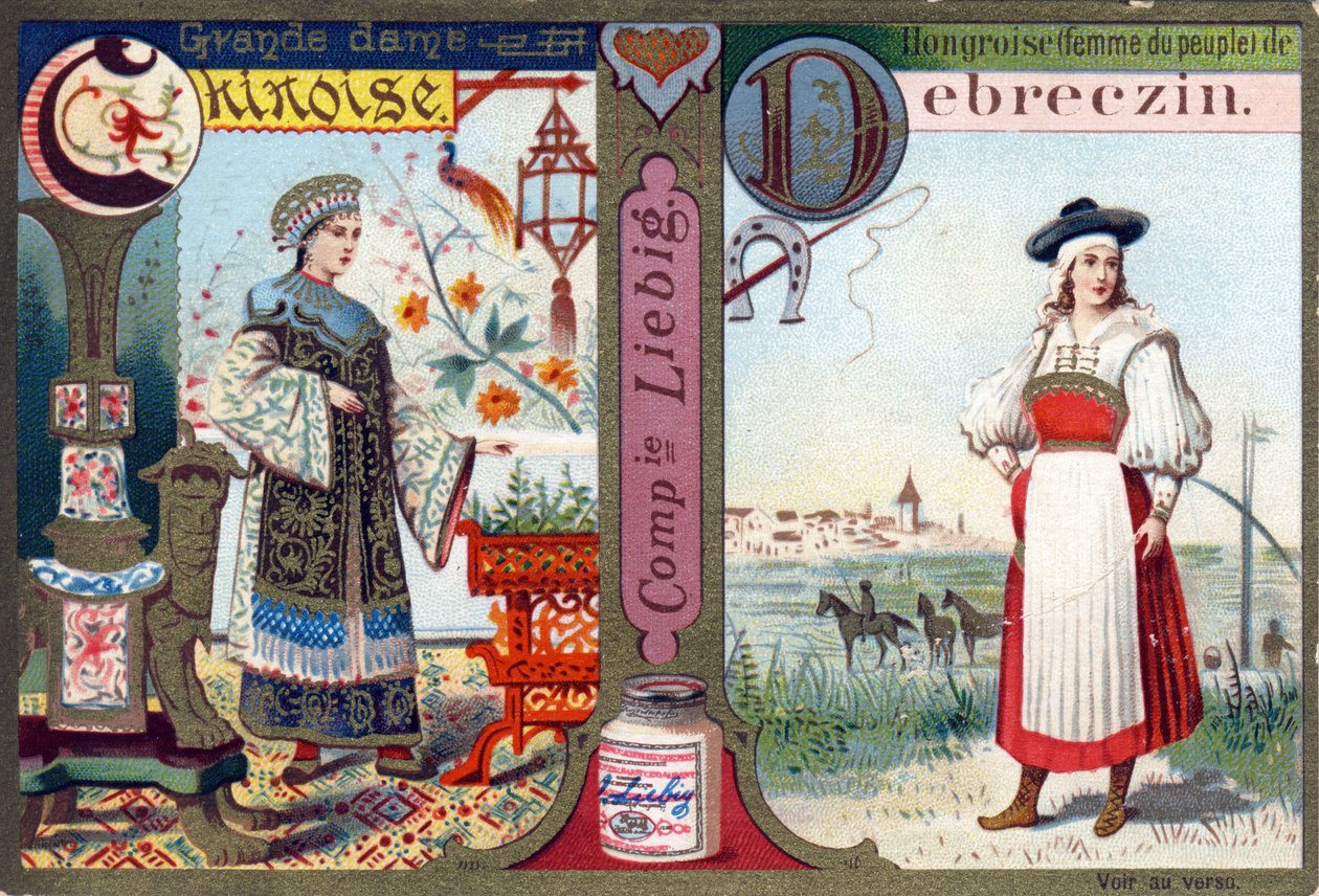 Lettera C come Grande Donna Cinese e D come Ungherese di Debreczin. Alfabeto delle donne. Serie di 12 immagini. Pubblicità Liebig da French School