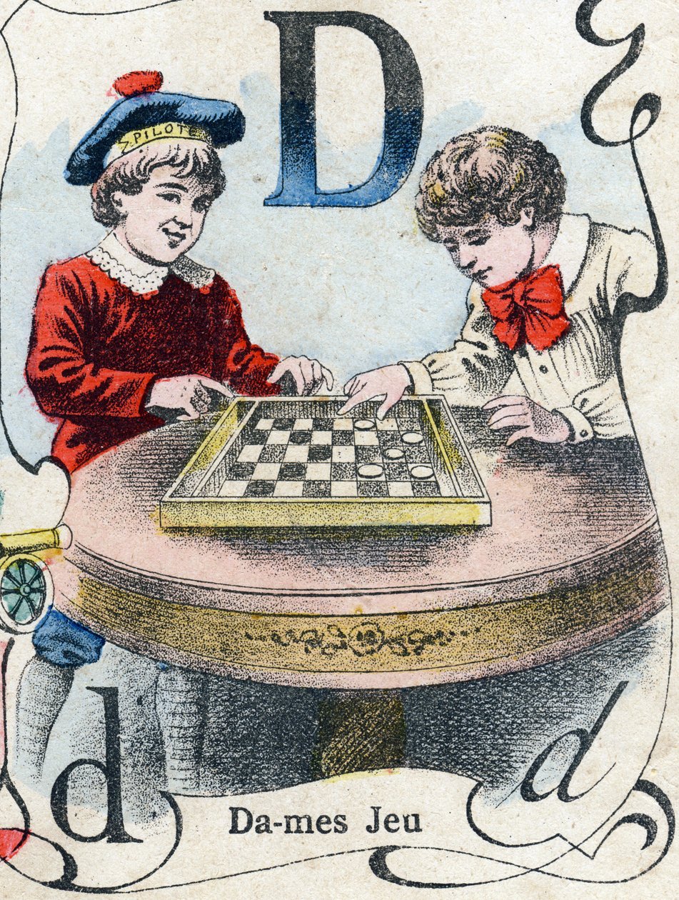 Lettera D: Gioco della dama. Incisione in "ABC des joux pour petits boys". Immagine di Pont-a-Mousson, Louis Vagne, stampatore-editore, fine XIX secolo. Dim: 32,5x25 cm da French School