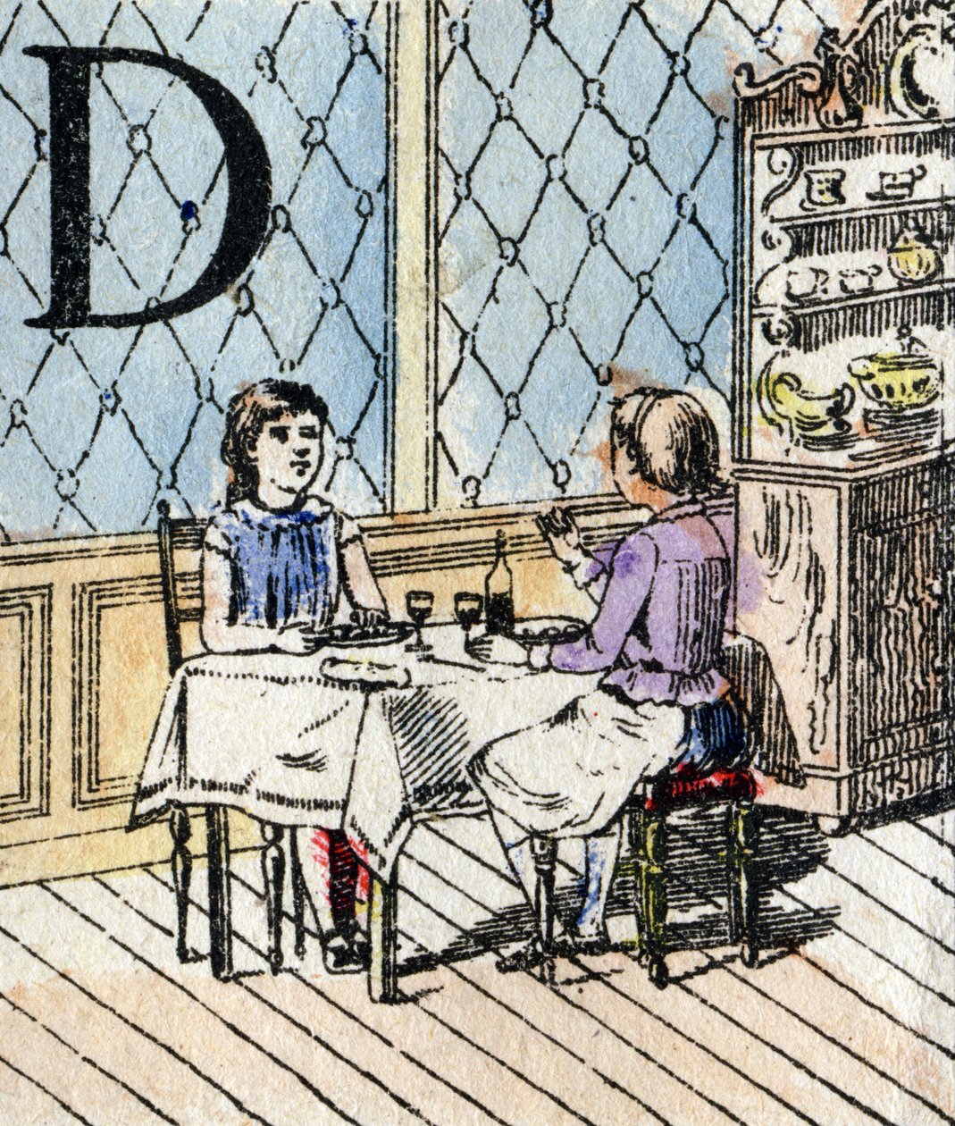 Lettera D, ragazza che gioca a dinette. ABC delle bambine. Immagini di Epinal da French School