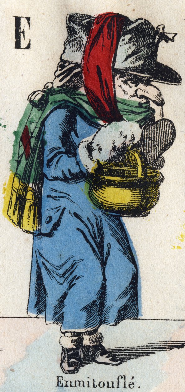 Lettera E: Avvolgere (Avvolgere di pellicce e tessuti per tenersi al caldo). Incisione in "Alfabeto Comico". Nuove immagini di Epinal. Litografia Pinot et Sagaire, editori, tra il 1860 e il 1888 da French School