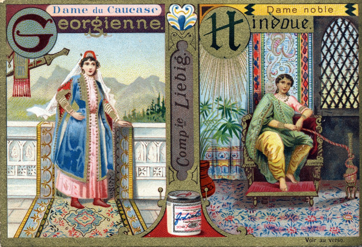 Lettera G come Donna del Caucaso Georgiano e H come Donna Nobile Indù. Alfabeto delle donne. Serie di 12 immagini. Pubblicità Liebig da French School