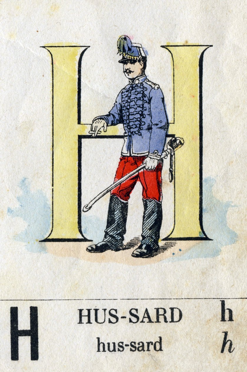 Lettera H come ussaro. Alfabeto militare. Immagini di Epinal, circa 1870-1880. Xilografie colorate a stencil. da French School