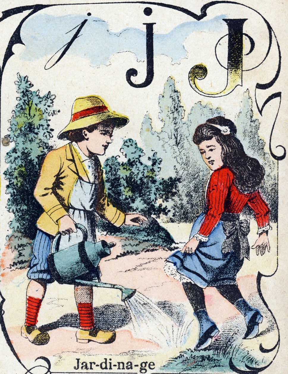 Lettera J: Giardinaggio. Incisione in "ABC des joux pour petits boys". Immagine di Pont-a-Mousson, Louis Vagne, stampatore-editore, fine XIX secolo. Dim: 32,5x25 cm da French School