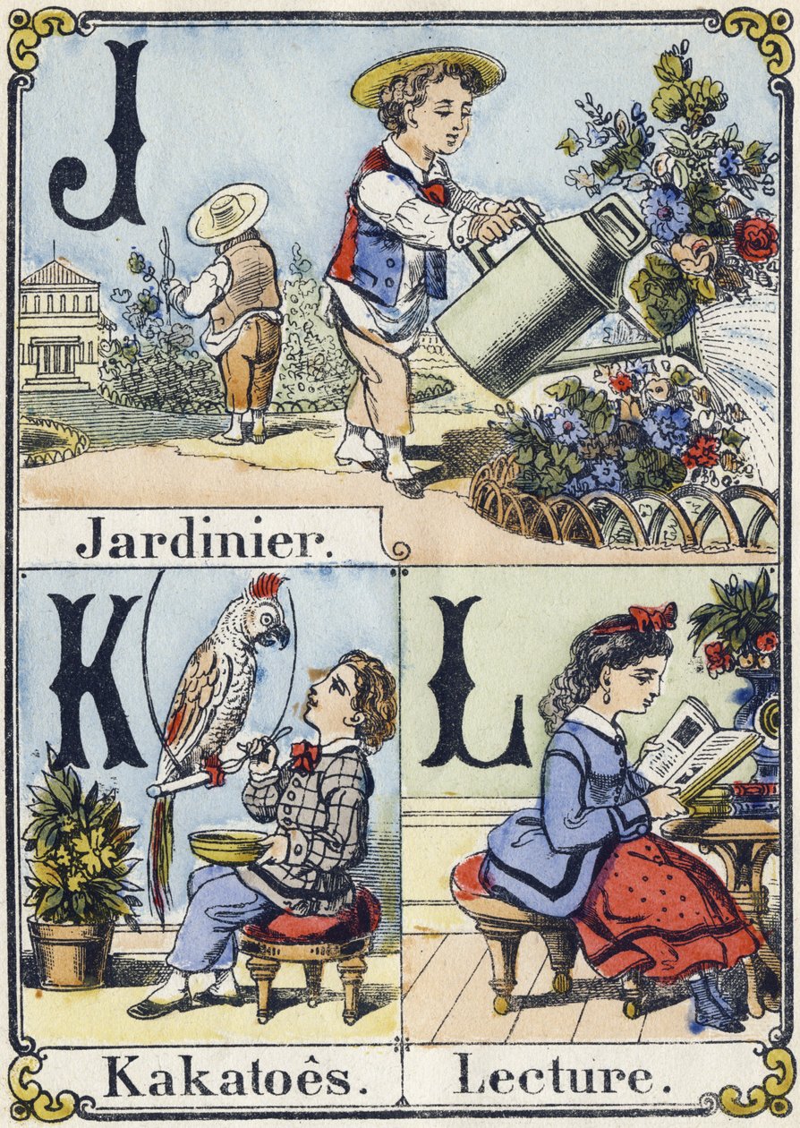 Lettera J, K e L: giardiniere, cacatua e lettura. Alfabeto ricreativo. Immagini di Epinal, circa 1880 da French School