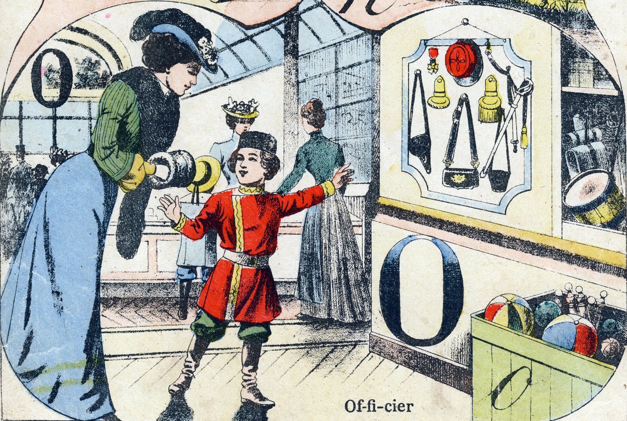Lettera O Ufficiale. Incisione in "ABC des joux pour petits boys". Immagine di Pont-a-Mousson, Louis Vagne, stampatore-editore, fine XIX secolo. Dim: 32,5x25 cm da French School