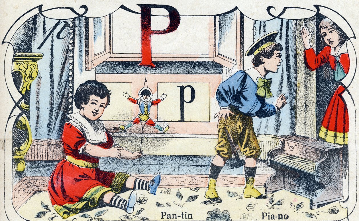 Lettera P Pantin Piano. Incisione in "ABC des joux pour petits boys". Immagine di Pont-a-Mousson, Louis Vagne, stampatore-editore, fine XIX secolo. Dim: 32,5x25 cm da French School