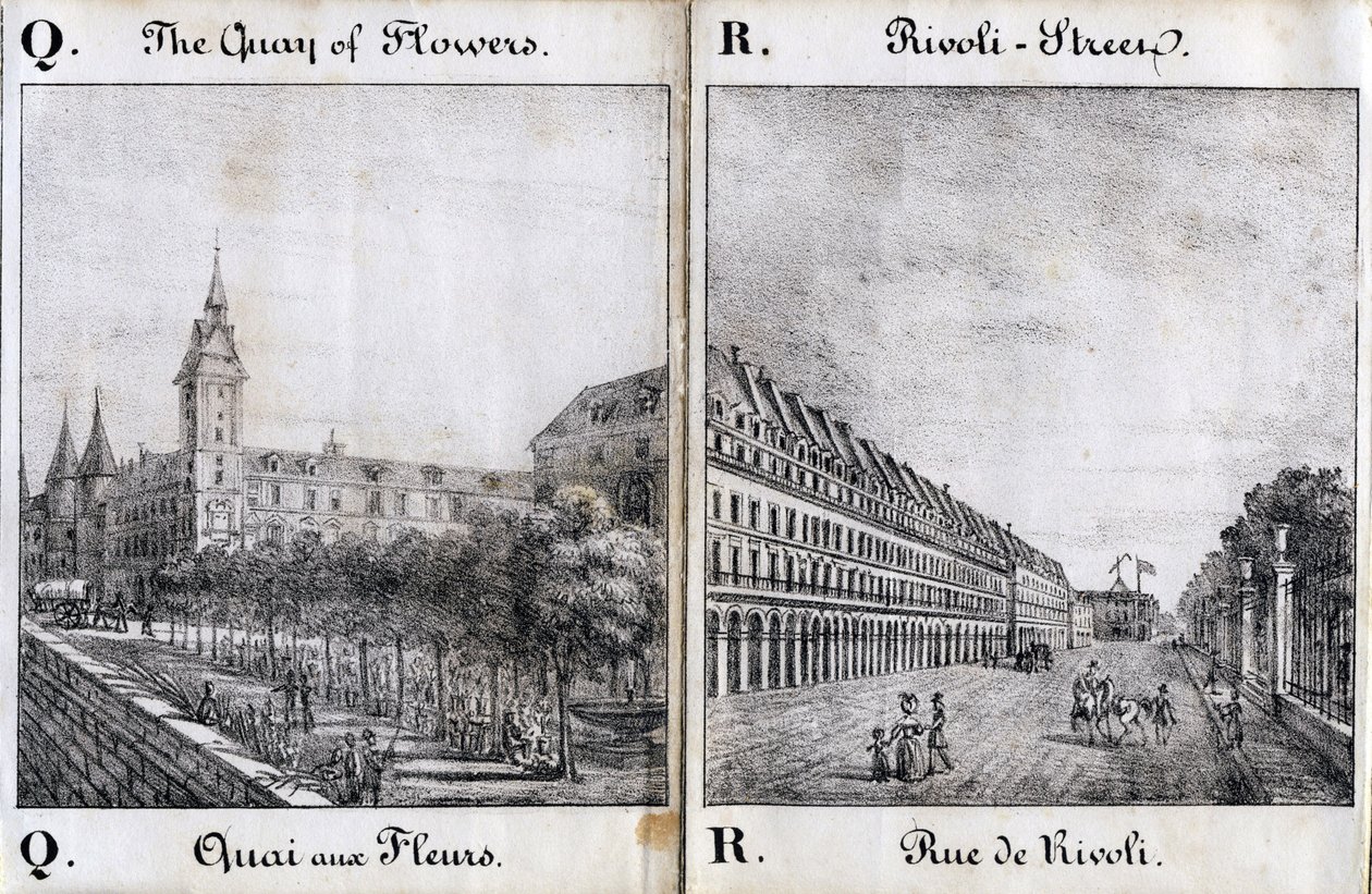 Lettera Q e A: Il molo dei fiori e la strada di Rivoli - "Alphabet Picturesque des Monumens de Paris" c.1840 (incisione) da French School