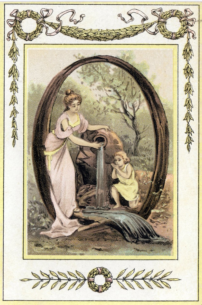 Lettera Q che rappresenta una madre e suo figlio che bevono acqua dalla sorgente, fine XIX secolo (cromolitografia) da French School