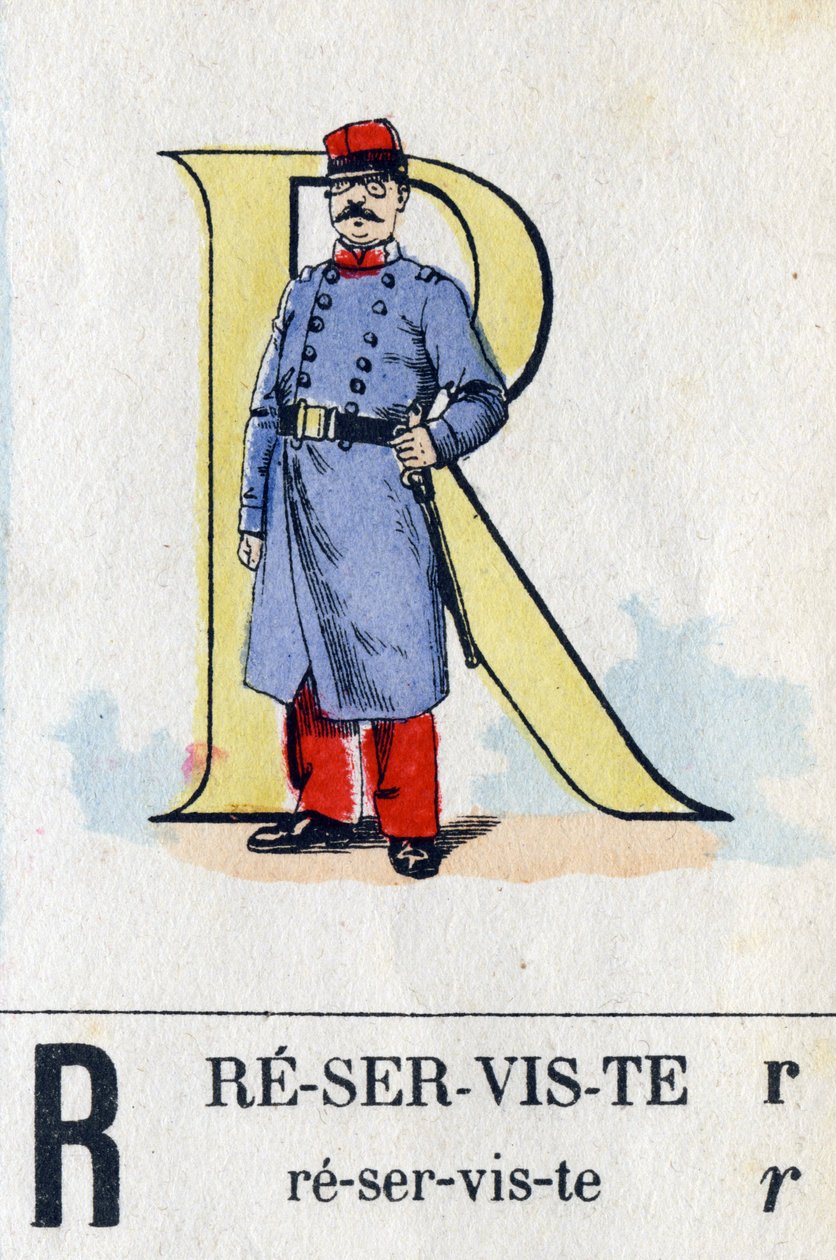 Lettera R come riservista. Alfabeto militare. Immagini di Epinal, circa 1870-1880. Xilografie colorate a stencil da French School