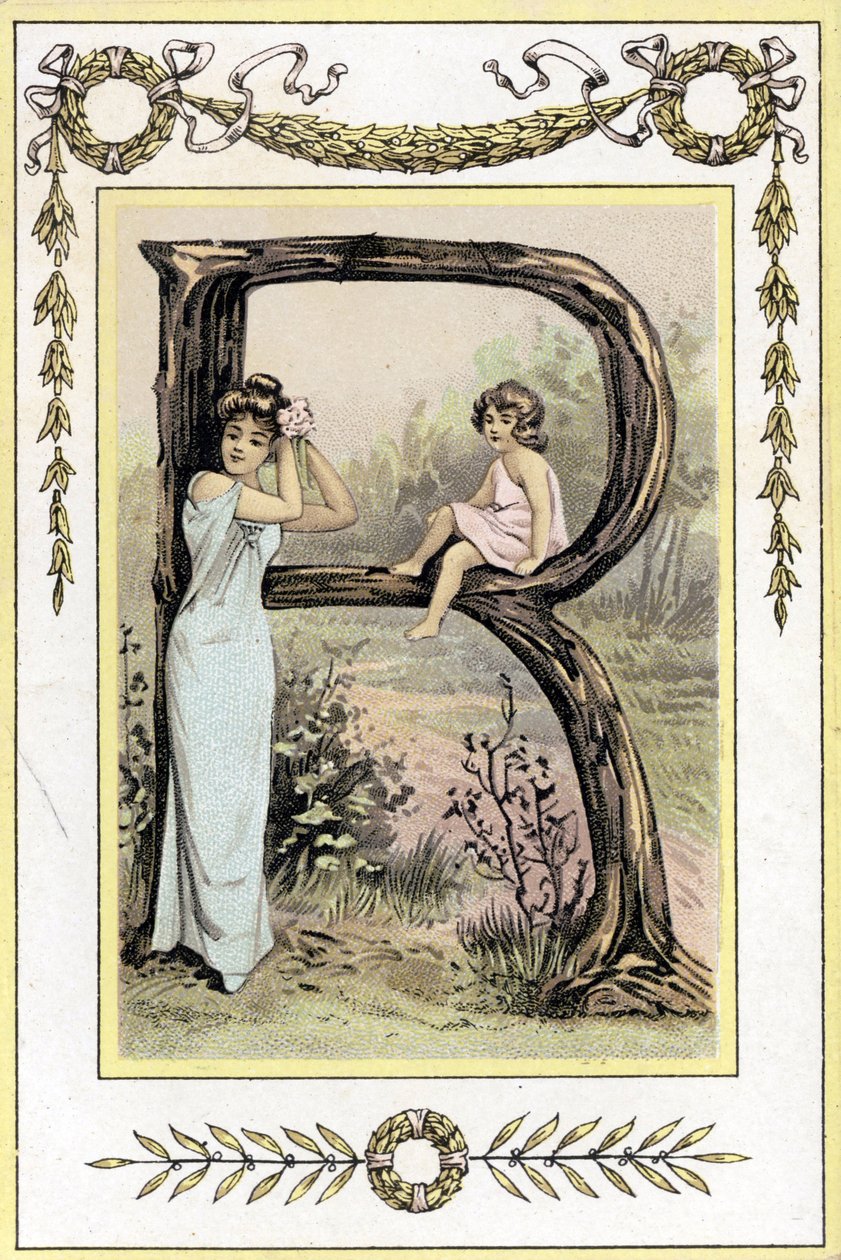 Lettera R che rappresenta una madre e una figlia, fine XIX secolo (cromolitografia) da French School