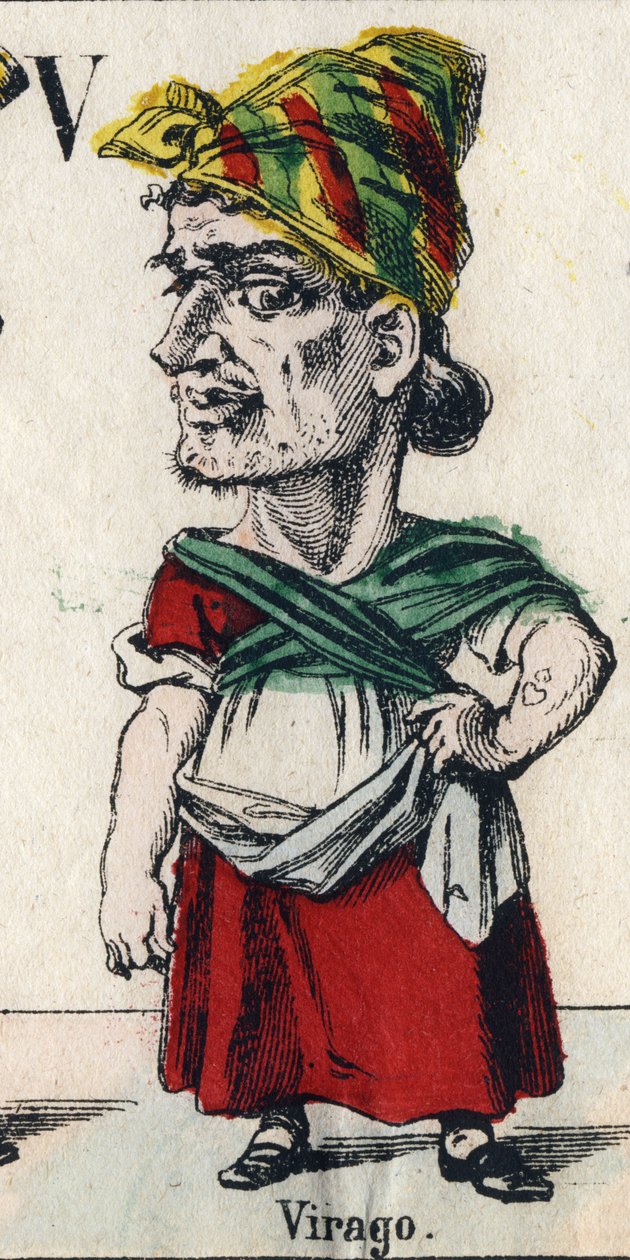Lettera V: Virago (Per denigrazione, ragazza o donna di grande taglia, che ha i modi di un uomo). Incisione in "Alfabeto Comico". Nuove immagini di Epinal. Litografia Pinot et Sagaire, editori, tra il 1860 e il 1888 da French School