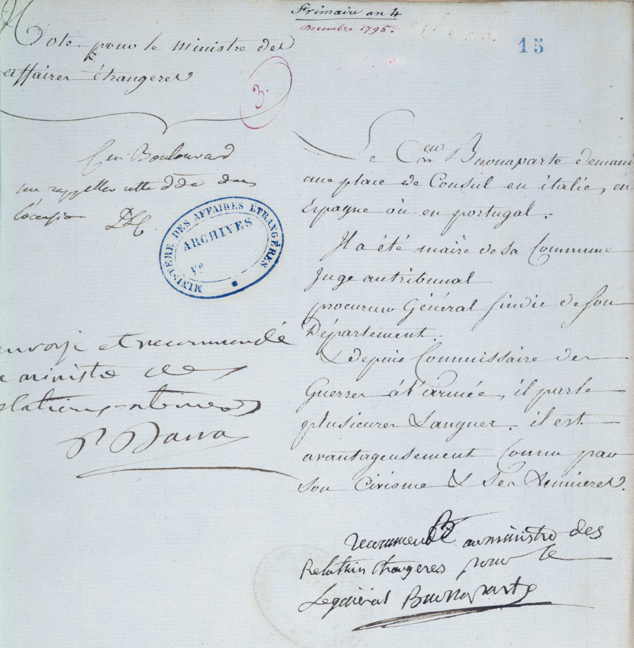 Lettera di raccomandazione firmata da Napoleone Bonaparte (1769-1821) per suo fratello, Giuseppe (1768-1844) dicembre 1795 da French School