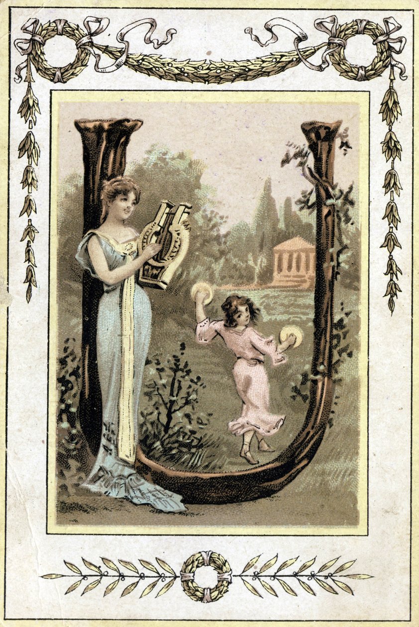Lettera che rappresenta una madre che suona la lira e sua figlia che danza con il timpano, fine XIX secolo (cromolitografia) da French School