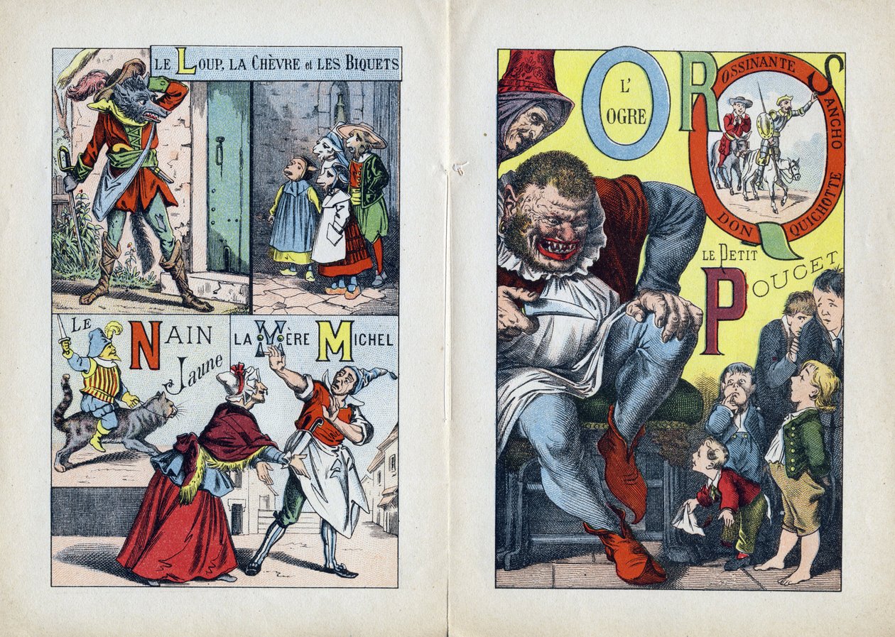 Lettere: L M N O P Q R S (pagina centrale doppia). Il lupo, la capra e i biquets, La Mere Michel, Le Nain jaune, L