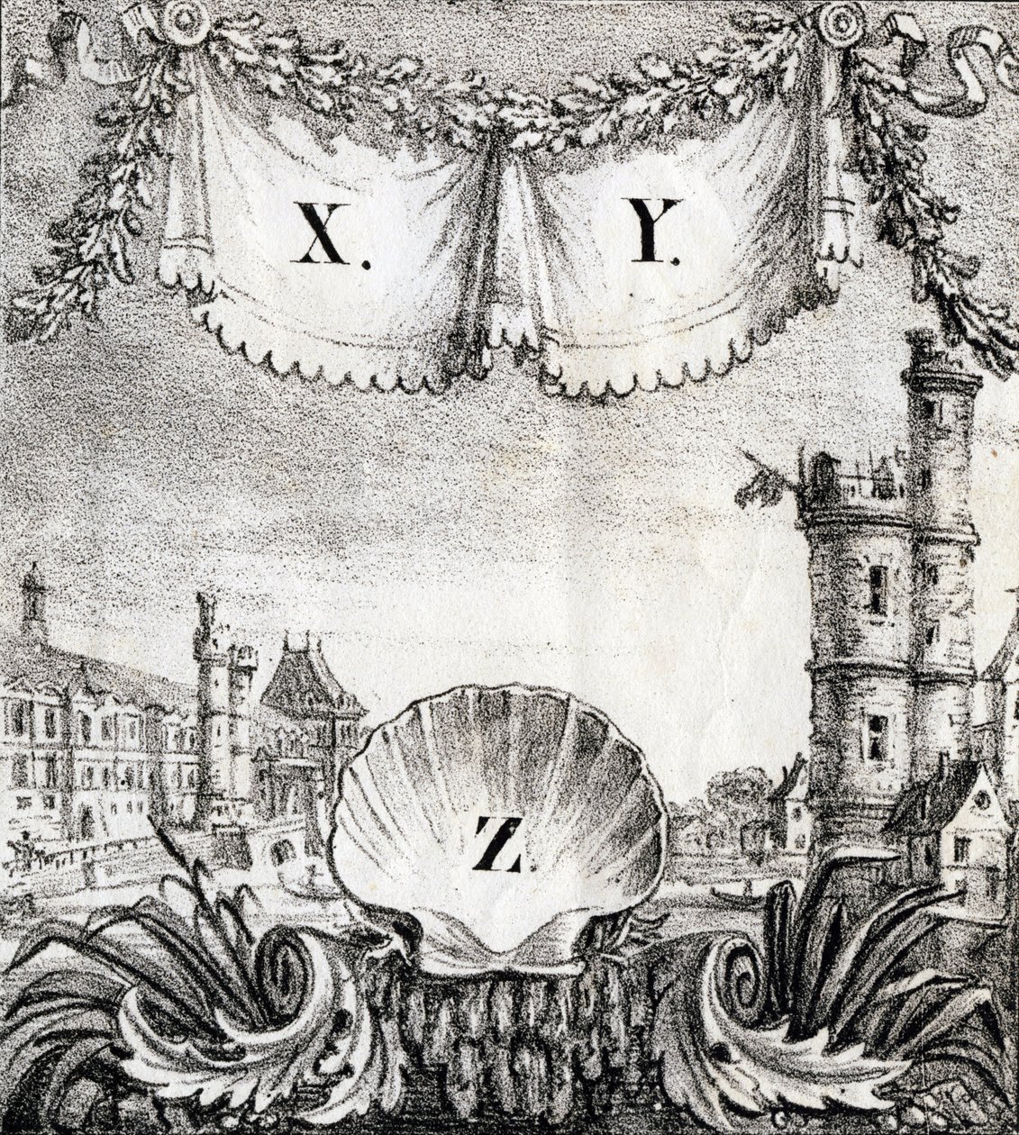 Lettere X, Y e Z: Parigi nel 1500 - "Alphabet Picturesque des Monumens de Paris" c.1840 (incisione) da French School