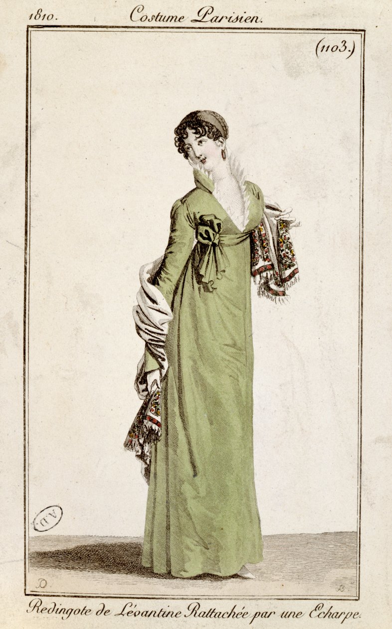 Redingote levantina chiusa da una sciarpa, tavola di moda da Costume Parisien, 1810 da French School