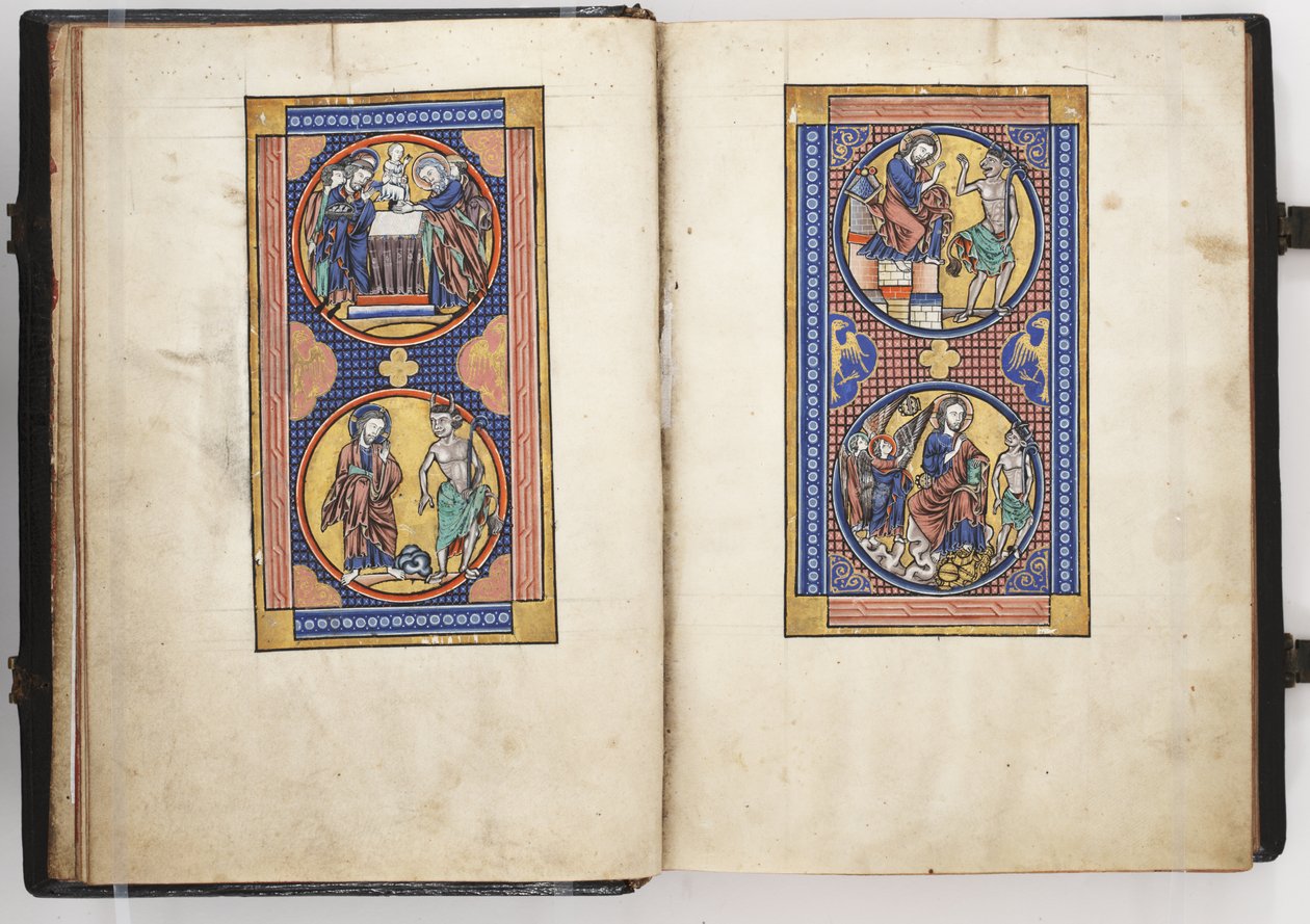 Salterio di Lewis ff.8v-9r, Presentazione al Tempio e le Tre Tentazioni di Cristo, c.1225-40 da French School