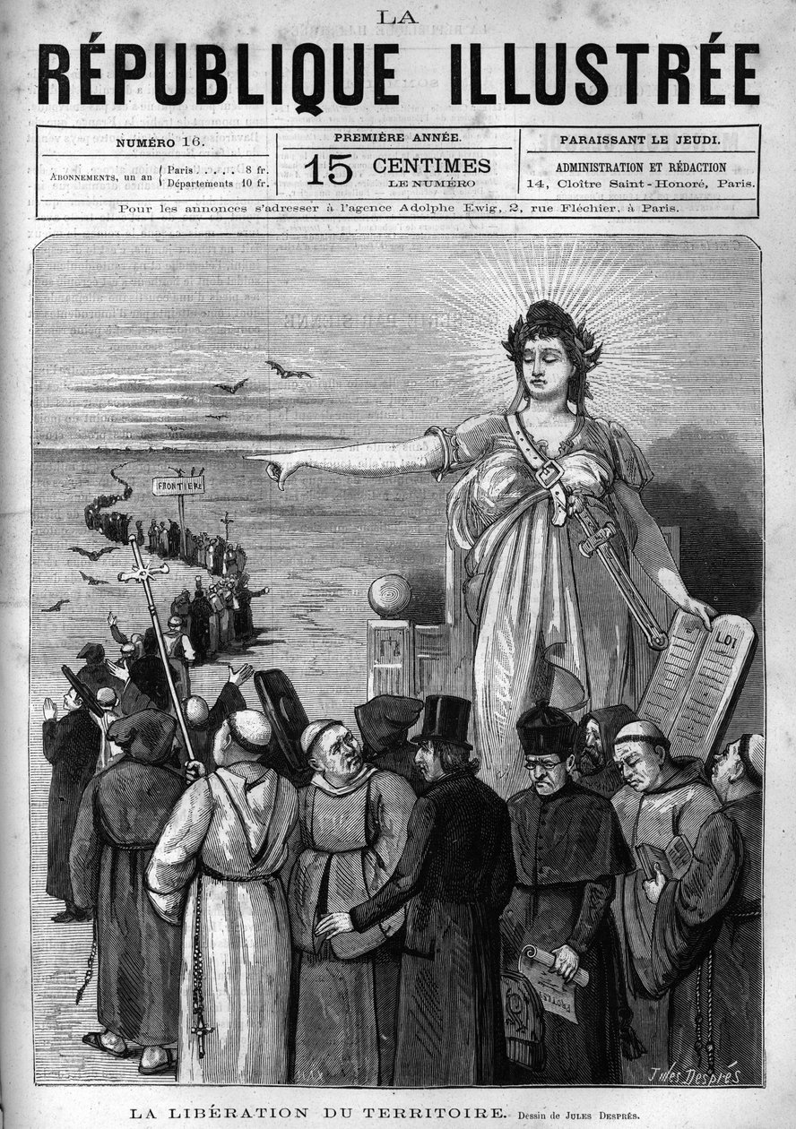 Liberazione del territorio: la Repubblica Francese espelle le congregazioni religiose non autorizzate dal territorio francese in seguito ai decreti del marzo 1880 presi da Jules Ferry privandole del diritto di insegnare. Un giornale. Incisione del 1880 in  da French School