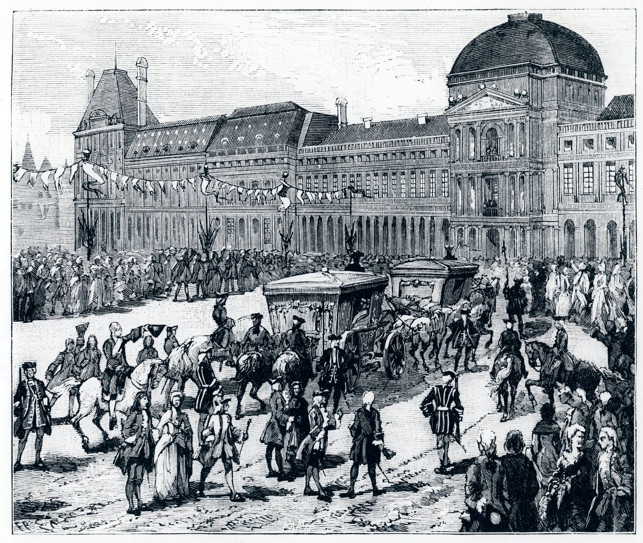 La vita sotto Luigi XV: il re arriva al Palazzo delle Tuileries, dove lo attendono la regina e il delfino - in "Parigi attraverso i secoli" di Gerouillac da French School