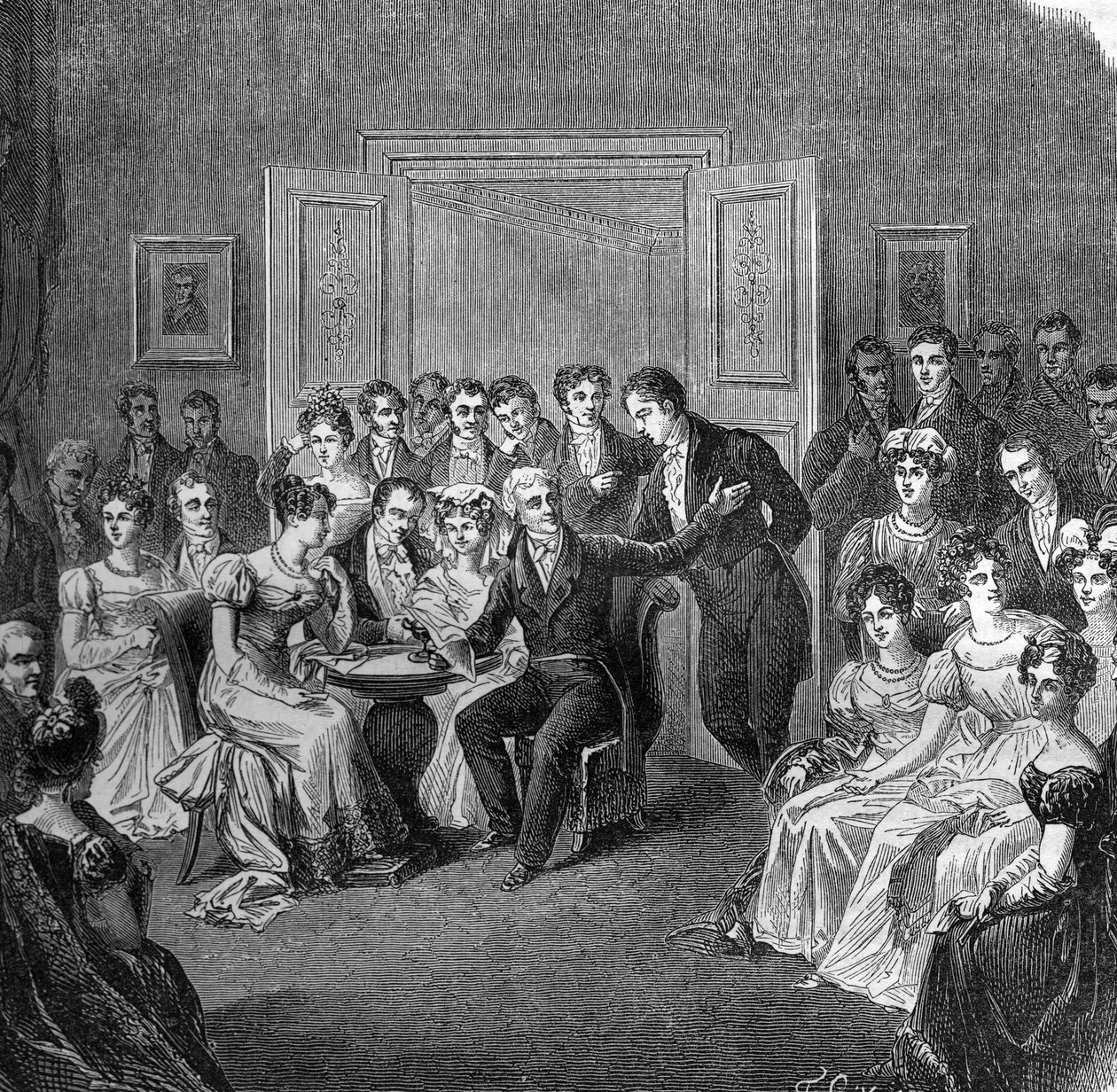 Salotto letterario nel XIX secolo: Francois Auguste Parceval de Grandmaison (Parceval Grandmaison, Parceval-Grandmaison) (1759-1834) legge versi dal suo poema 