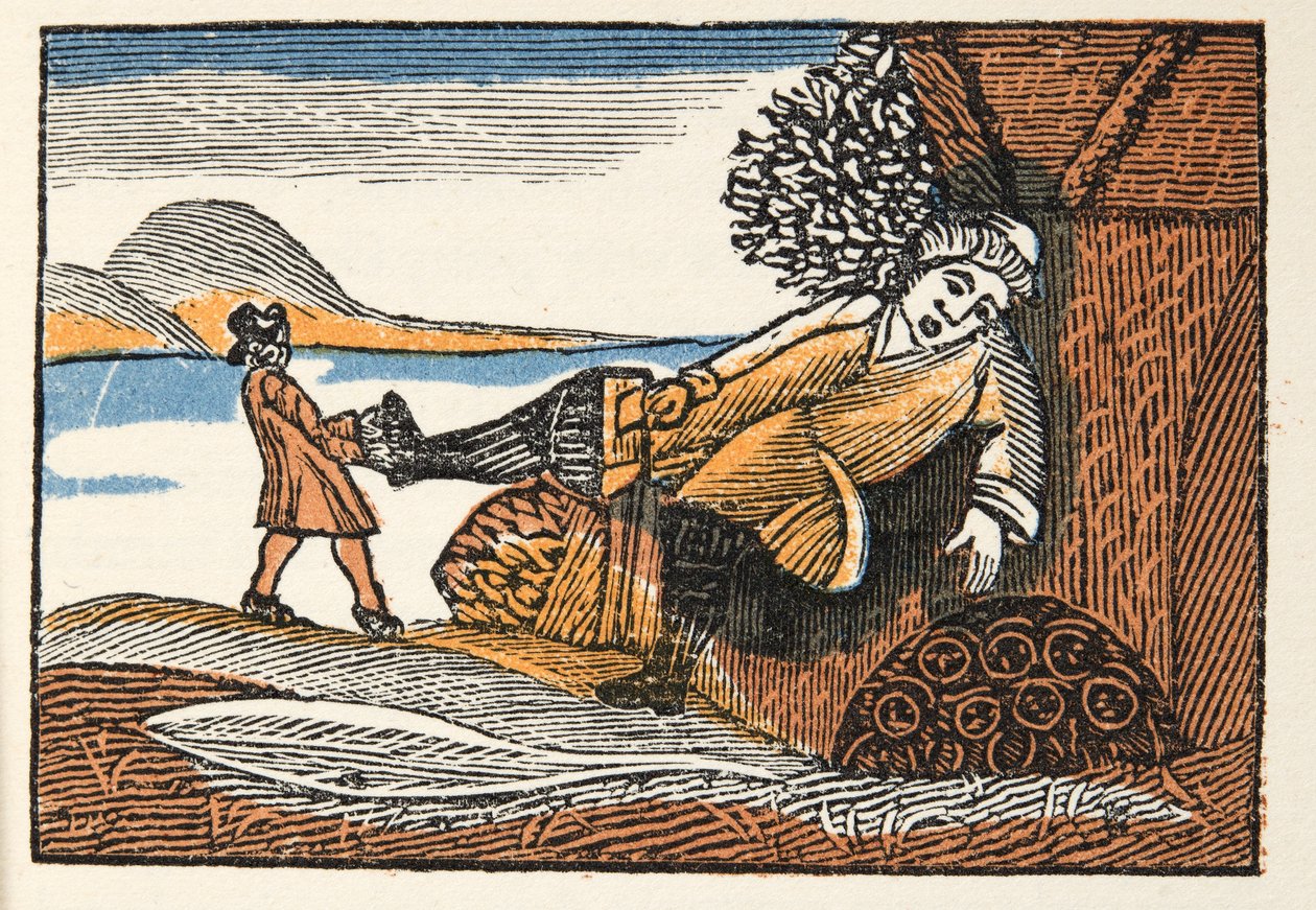Pollicino da Histories or Tales of Past Times told by Mother Goose, With Morals, di M Perrault, pub. 1925 (stampa xilografica colorata a mano) da French School