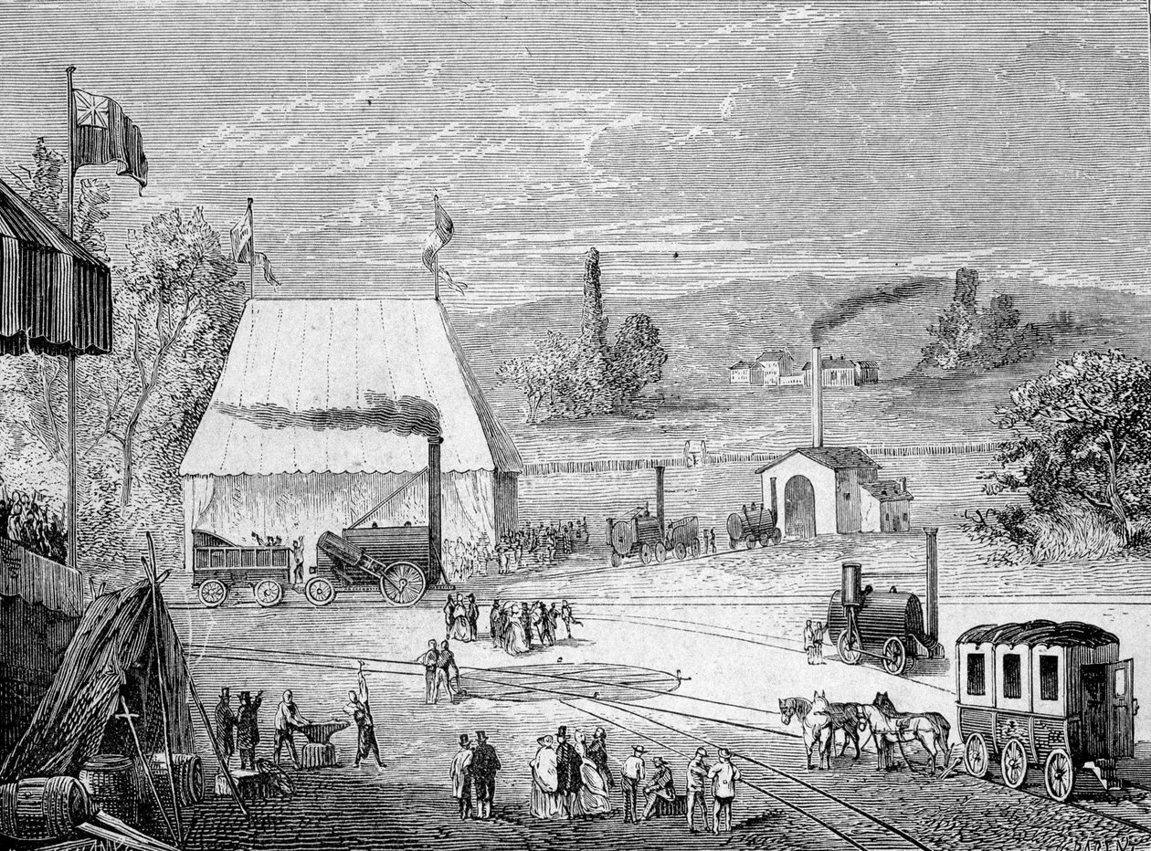 Competizione di locomotive tenuta a Liverpool, ottobre 1829 - in "Album della Scienza; illustri studiosi; Grandi scoperte" 1896. da French School