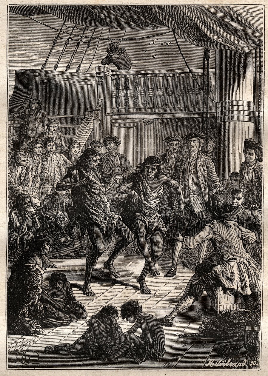 Louis Antoine, Conte di Bougainville (1729-1811) riceve gli abitanti della Baia Fortescue (Stretto di Magellano) sulla sua barca "La Boudeuse" nel 1768 - illustrazione da "I grandi marinai del XVIII secolo" da French School