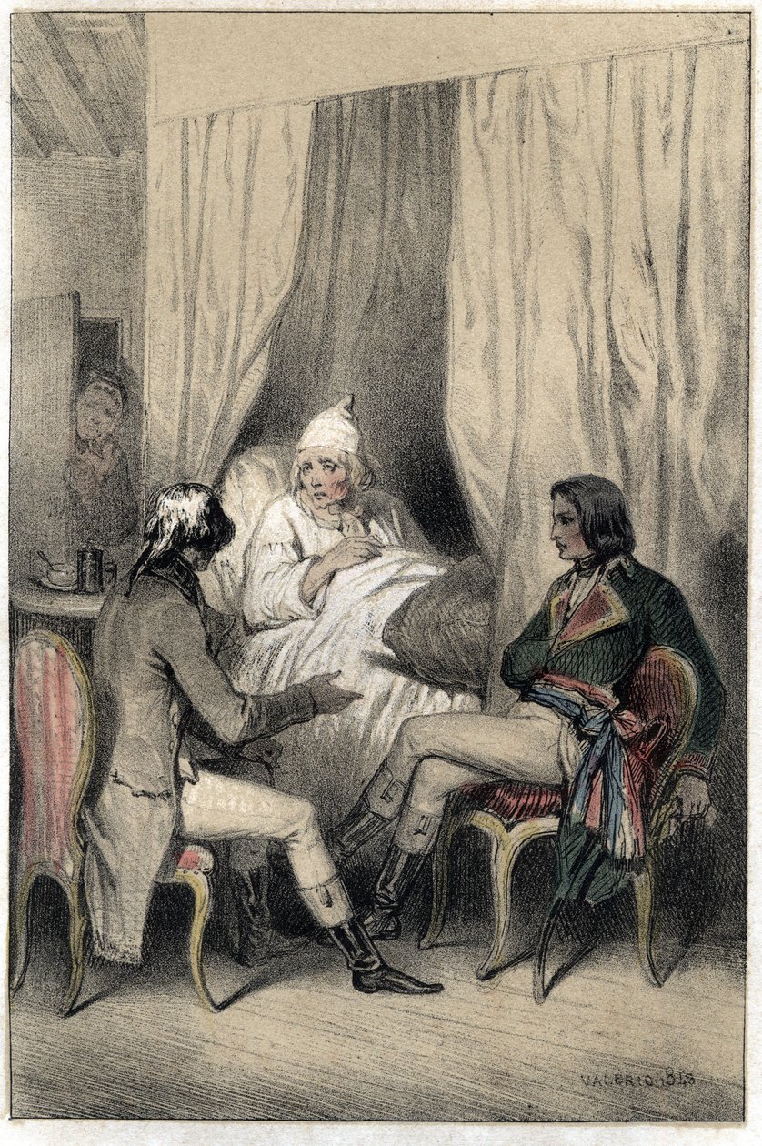 Louis Antoine Fauvelet de Bourienne (1769-1834), diplomatico e amministratore francese, e il generale Napoleone Bonaparte (1769-1821) chiedono denaro a un vecchio capitalista malato per la campagna d