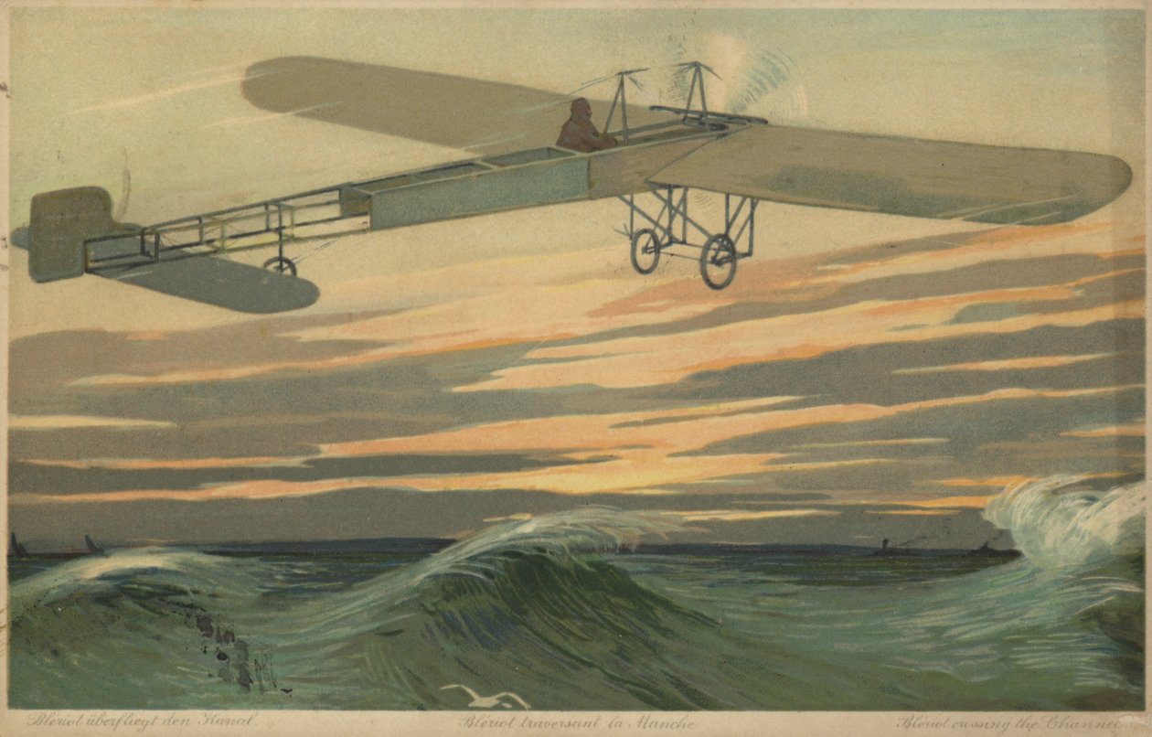Louis Bleriot che compie il primo volo attraverso la Manica con un velivolo più pesante dell