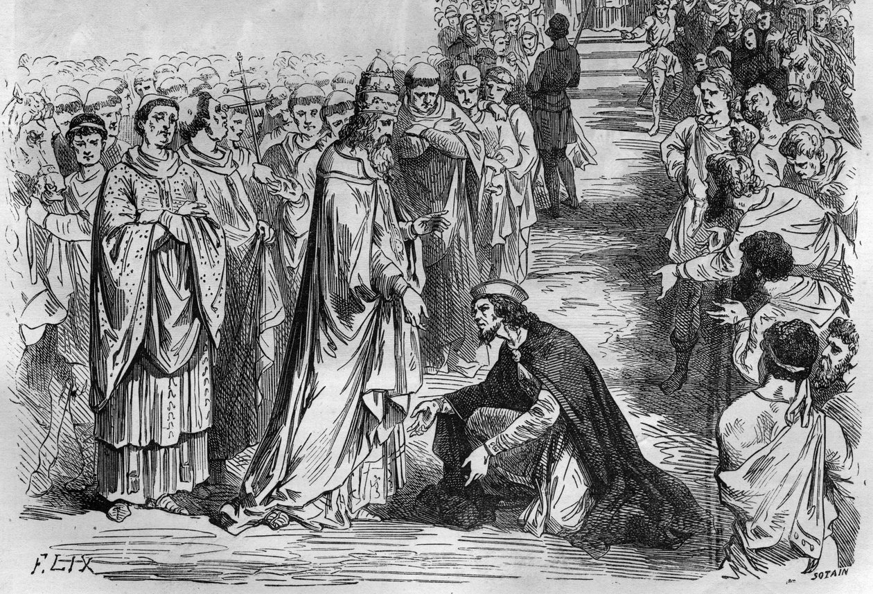 Luigi I il Pio o il Bonario (778-840) alle ginocchia di Papa Stefano V (Stefano, papa dal 896 al 897). Incisione in 