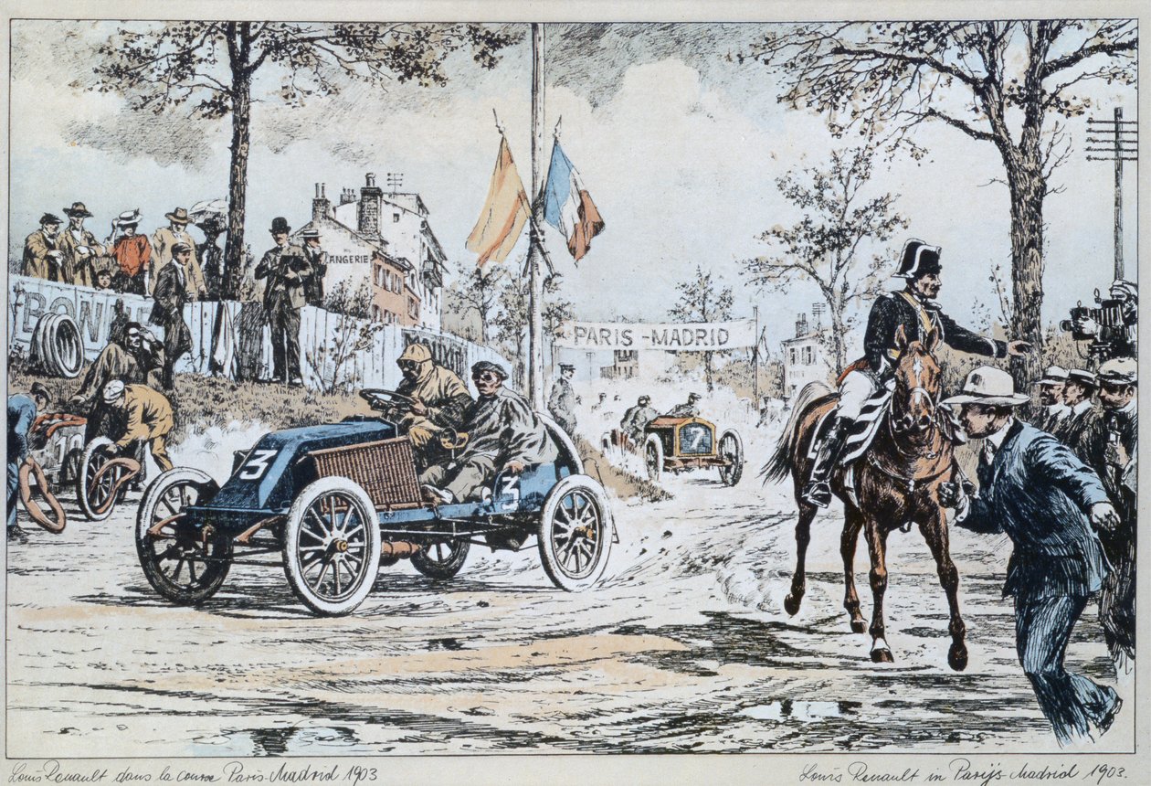 Louis Renault alla guida nella corsa Parigi-Madrid del 1903, c.1903 da French School