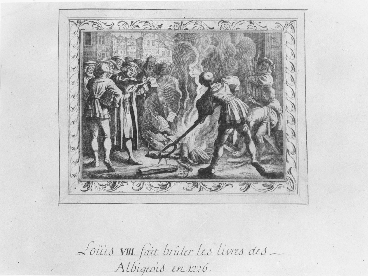 Luigi VIII brucia i libri albigesi nel 1226 (incisione) da French School
