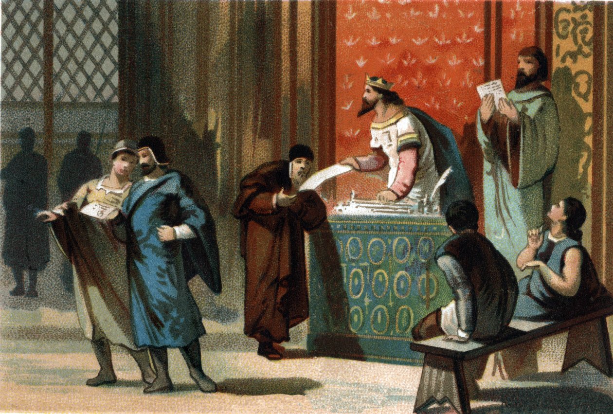 Luigi VI detto il Grosso (1081-1137) diede le carte postali dei comuni. Cromolitografia intorno al 1890. da French School