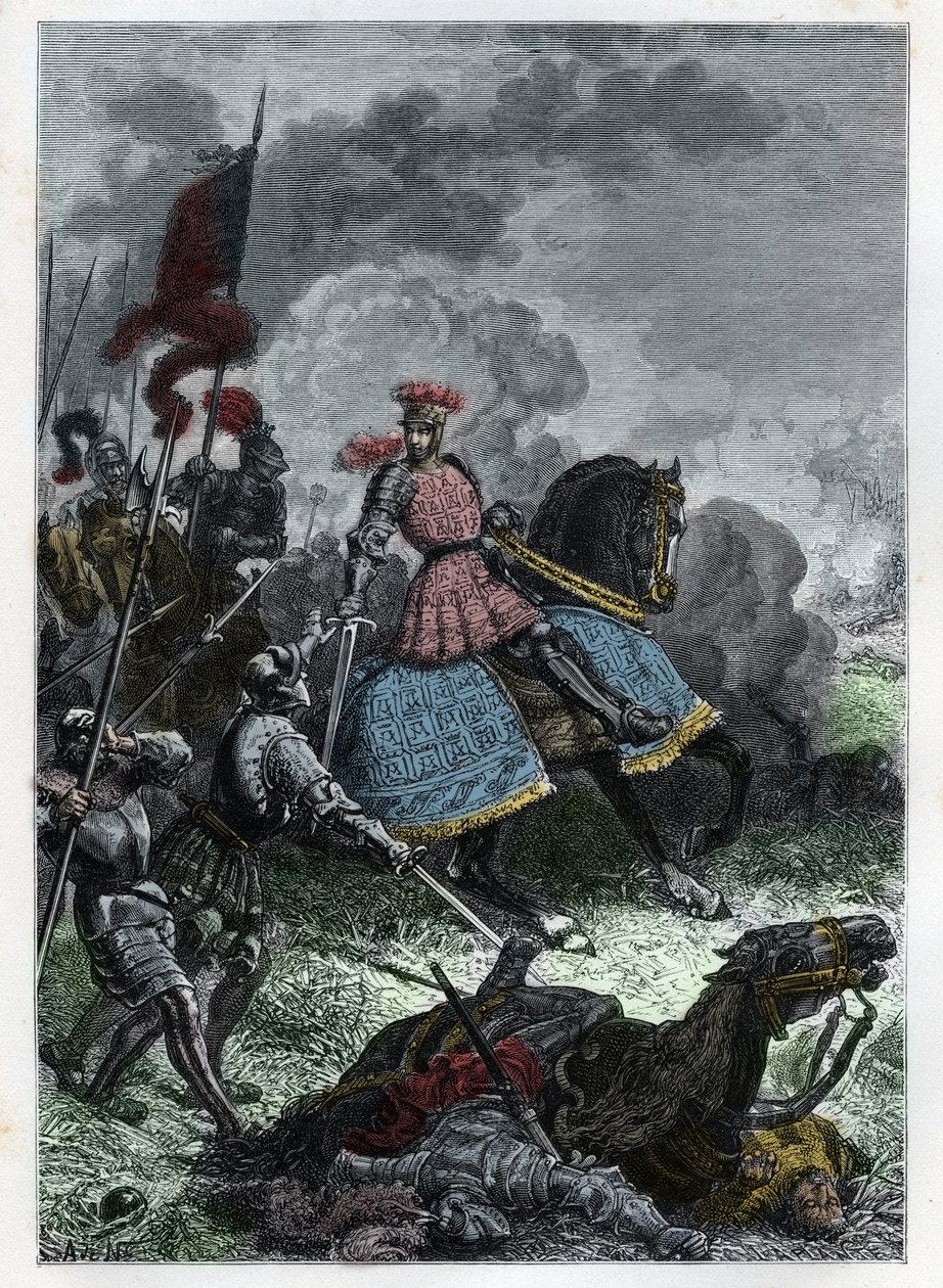 Luigi XII alla Battaglia di Agnadello vicino a Crema in Lombardia vinta dal re sui Veneziani il 14 maggio 1509 - Battaglia di Agnadello - Luigi XII di Francia sconfigge i Veneziani - incisione da 