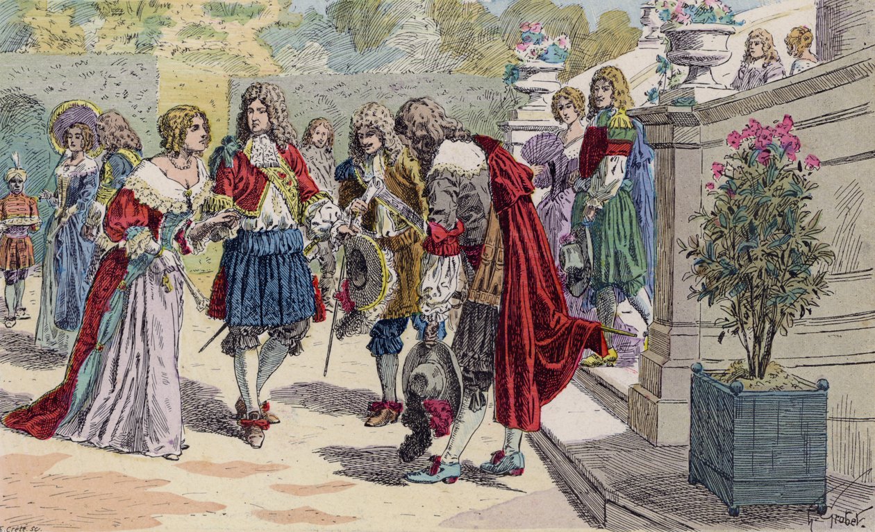 Luigi XIV di Francia e la sua corte a Versailles (litografia a colori) da French School
