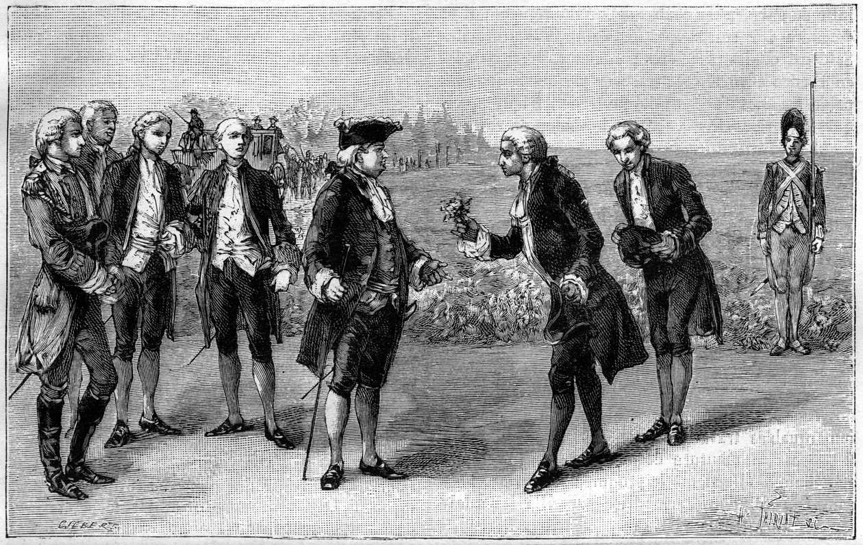Luigi XVI (1754-1793) visita il primo campo di patate nella pianura dei Sablons (attuale avenue de la Grande Armée, Parigi), Antoine Augustin Parmentier (1737-1813) gli offre fiori di patata, intorno al 1785. Incisione in "La Nature. Revue des sciences et  da French School