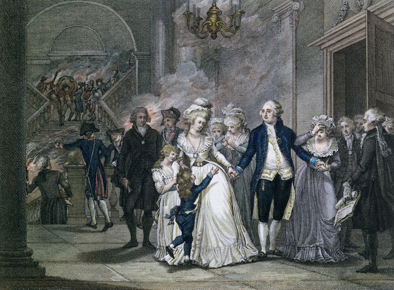 Luigi XVI (1754-93) che saluta la sua famiglia, 20 gennaio 1793, inciso da Reinier Vinkeles (1741-1816) e Daniel Vrydag (1765-1822) da French School