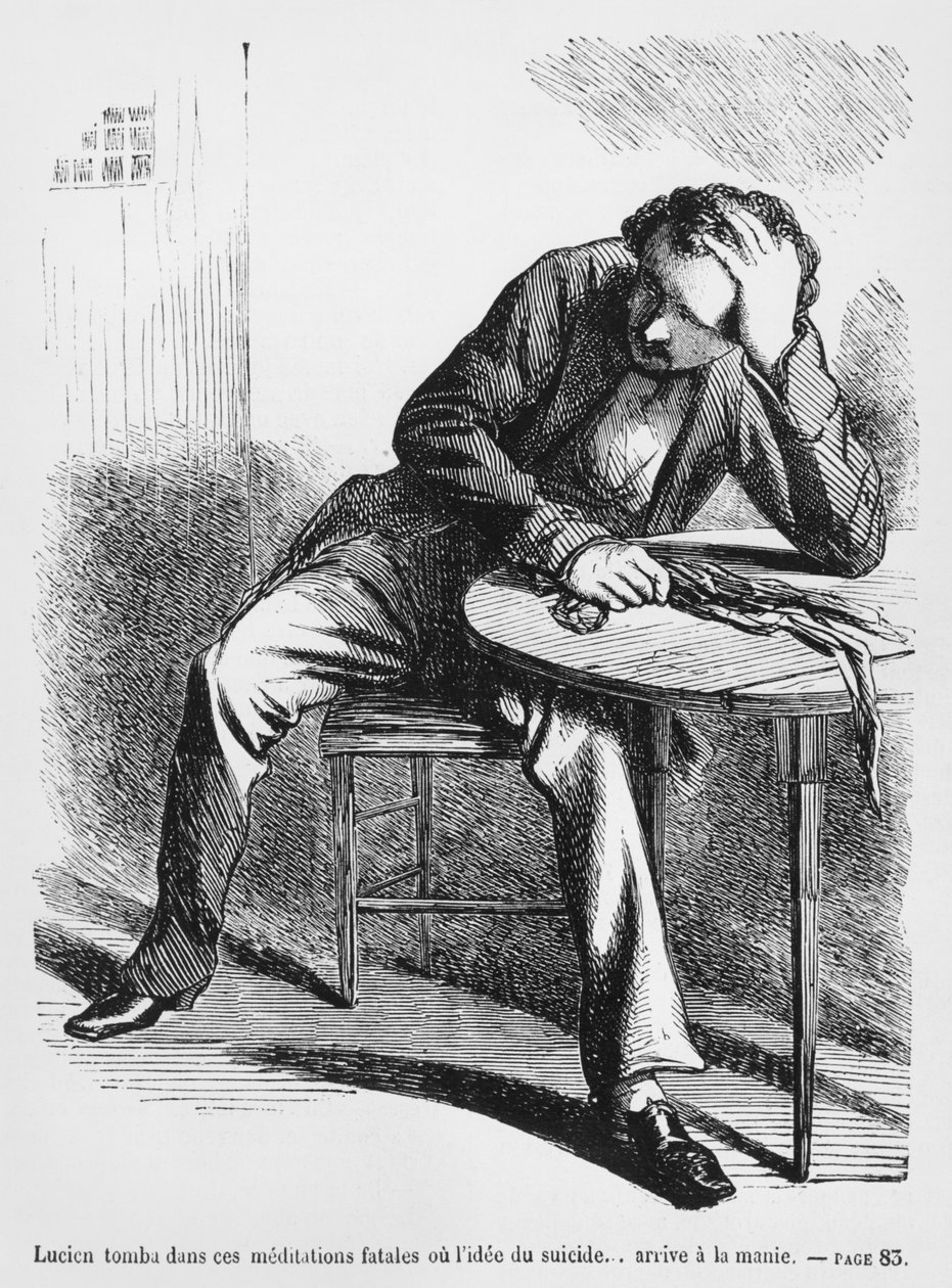 Lucien de Rubempre che pensa al suicidio, illustrazione da Splendeurs et Miseres des Courtisanes di Honore de Balzac, pubblicato nel 1867 da French School