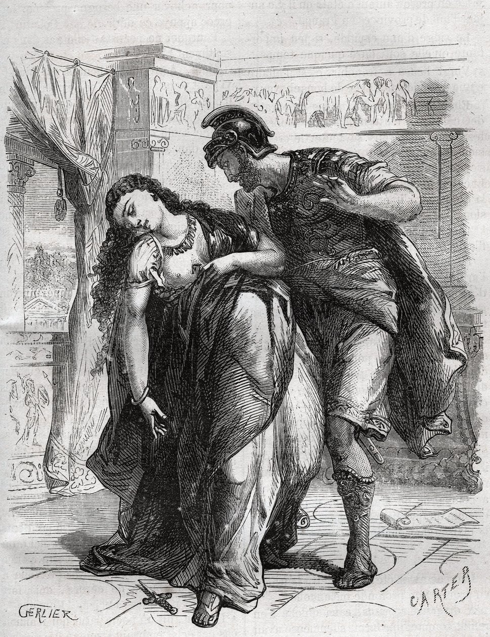 La morte di Lucrezia: Lucrezia (Lucrezia, Lucretia, dama romana del VI secolo a.C.) fu vittima di violenza da parte del cugino Sesto Tarquinio, figlio di Tarquinio il Superbo. Si suicidò davanti al marito, Lucio Tarquinio Collatino, noto come Ta da French School