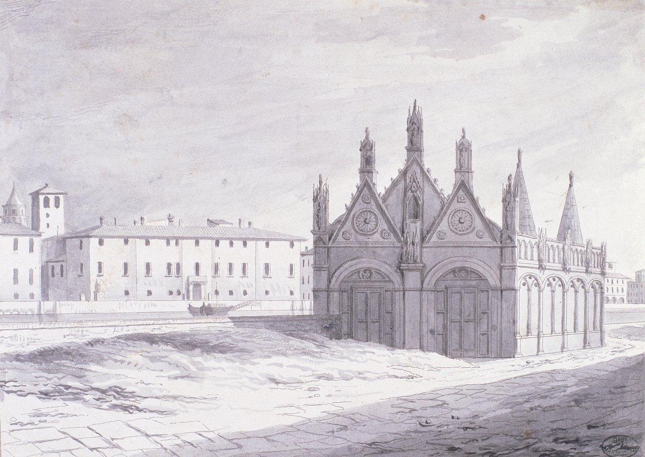 Lungarno, Santa Maria della Spina, Pisa (penna e inchiostro su carta) da French School