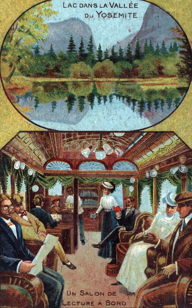 Turismo di lusso: vita dei passeggeri a bordo di una crociera che si distraggono nella sala di lettura, vista sulla valle di Yosemite in California, USA (Turisti su una crociera di lusso che leggono nella biblioteca privata della nave, vista su un lago del da French School
