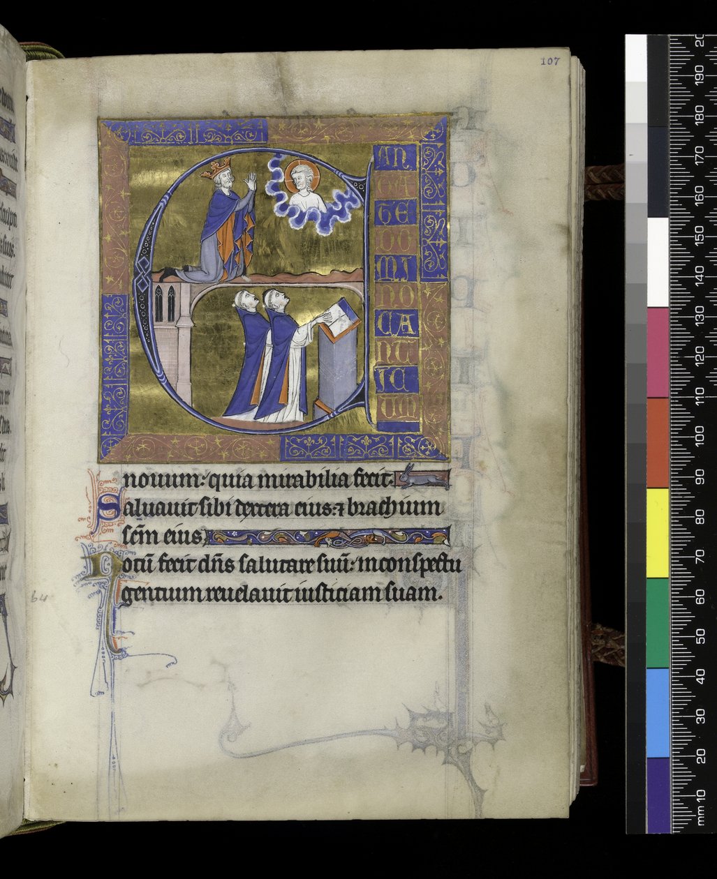MS 300 f.107r, Davide prega Dio (sopra), due chierici (sotto), dal Salterio e Ore di Isabella di Francia, Parigi, c.1265-70 (penna e inchiostro e tempera su pergamena) da French School