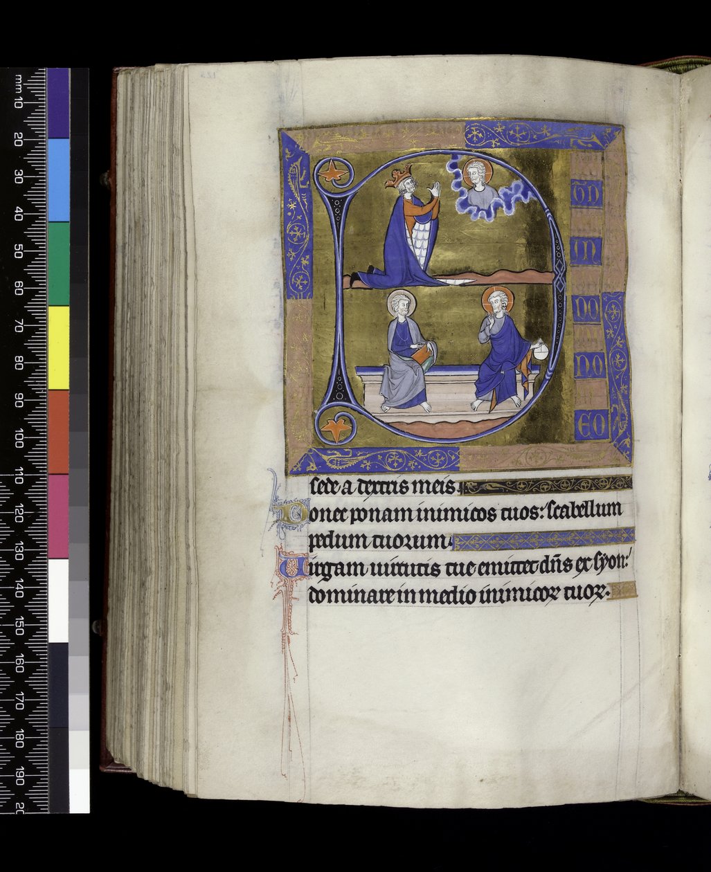 MS 300 f.125v, Davide prega Dio (sopra); Dio con globo e Cristo con libro seduti su una panca (sotto), dal Salterio e Ore di Isabella di Francia, Parigi, c.1265-70 da French School