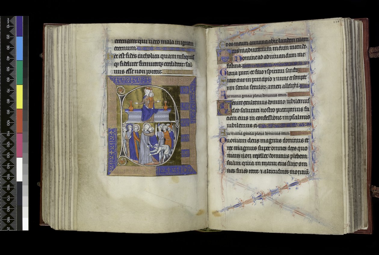 MS 300 f.177v-178r, Mattutino, Vergine e Bambino seduti tra due vasi su una panca (sopra); Tradimento di Cristo, con Giuda che bacia Cristo, e San Pietro che taglia l