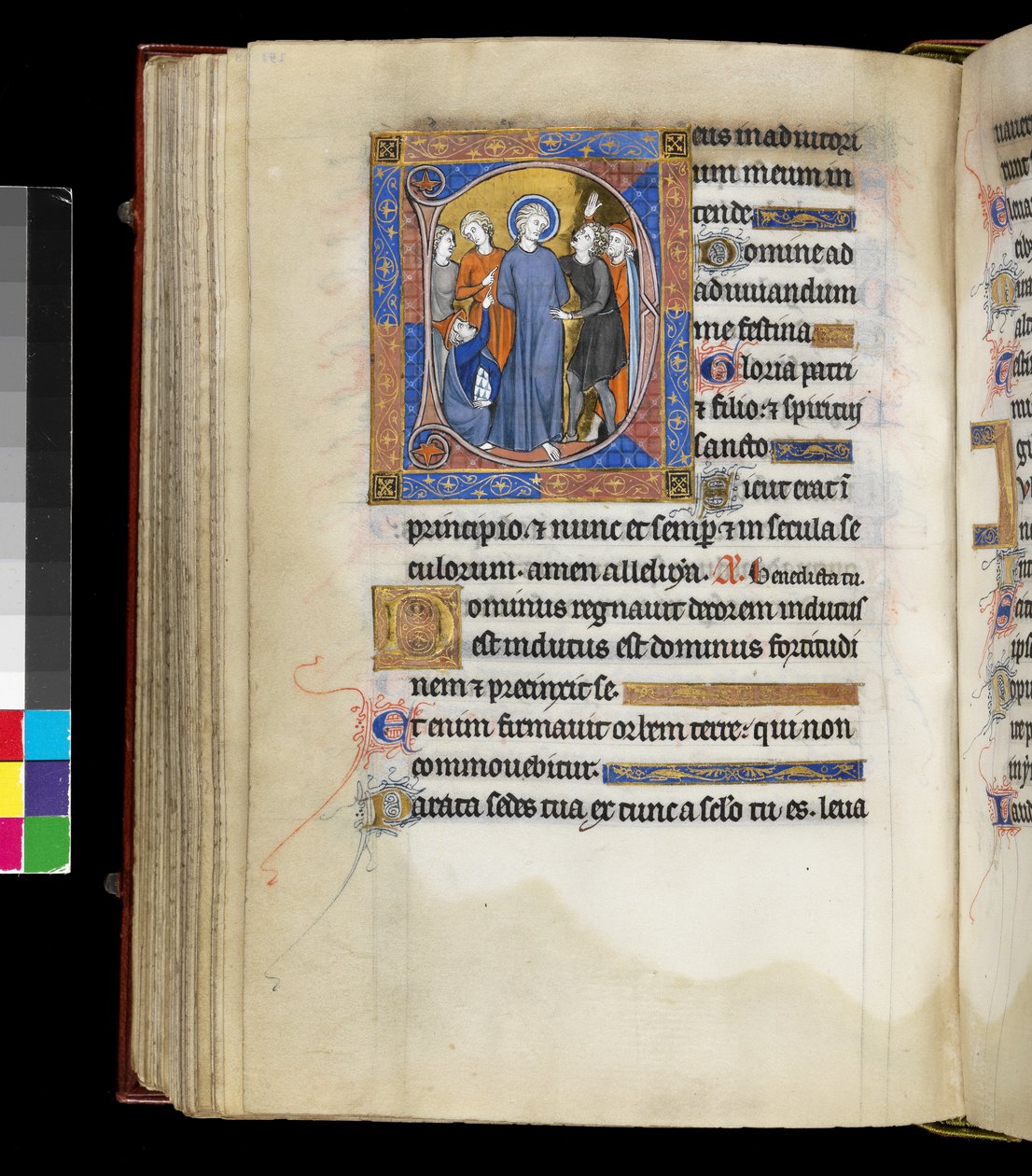 Derisione di Cristo con Gesù, circondato da tormentatori, inclusi due uomini con cappelli ebraici, dal Salterio e Ore di Isabella di Francia da French School