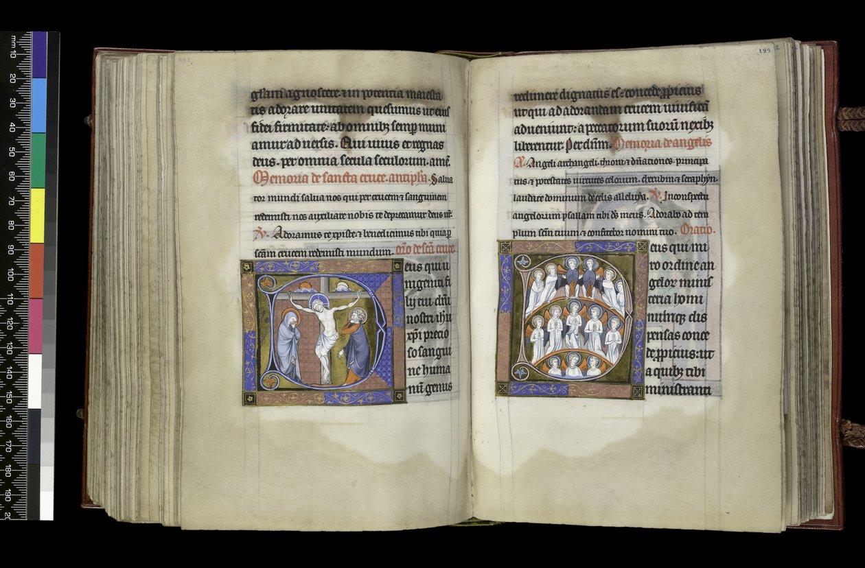 MS 300 f.198v-199r, Suffragio alla Croce e Suffragio agli Angeli, dal Salterio e Ore di Isabella di Francia, Parigi, c.1265-70 (penna e inchiostro e tempera su pergamena) da French School