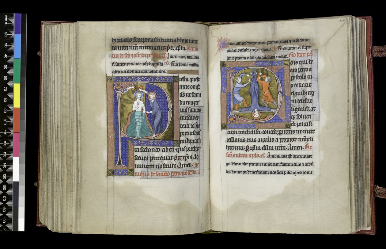 MS 300 f.199v-200r, Suffragio a San Giovanni Battista e Suffragio a San Pietro, dal Salterio e Ore di Isabella di Francia, Parigi, c.1265-70 (penna e inchiostro e tempera su pergamena) da French School