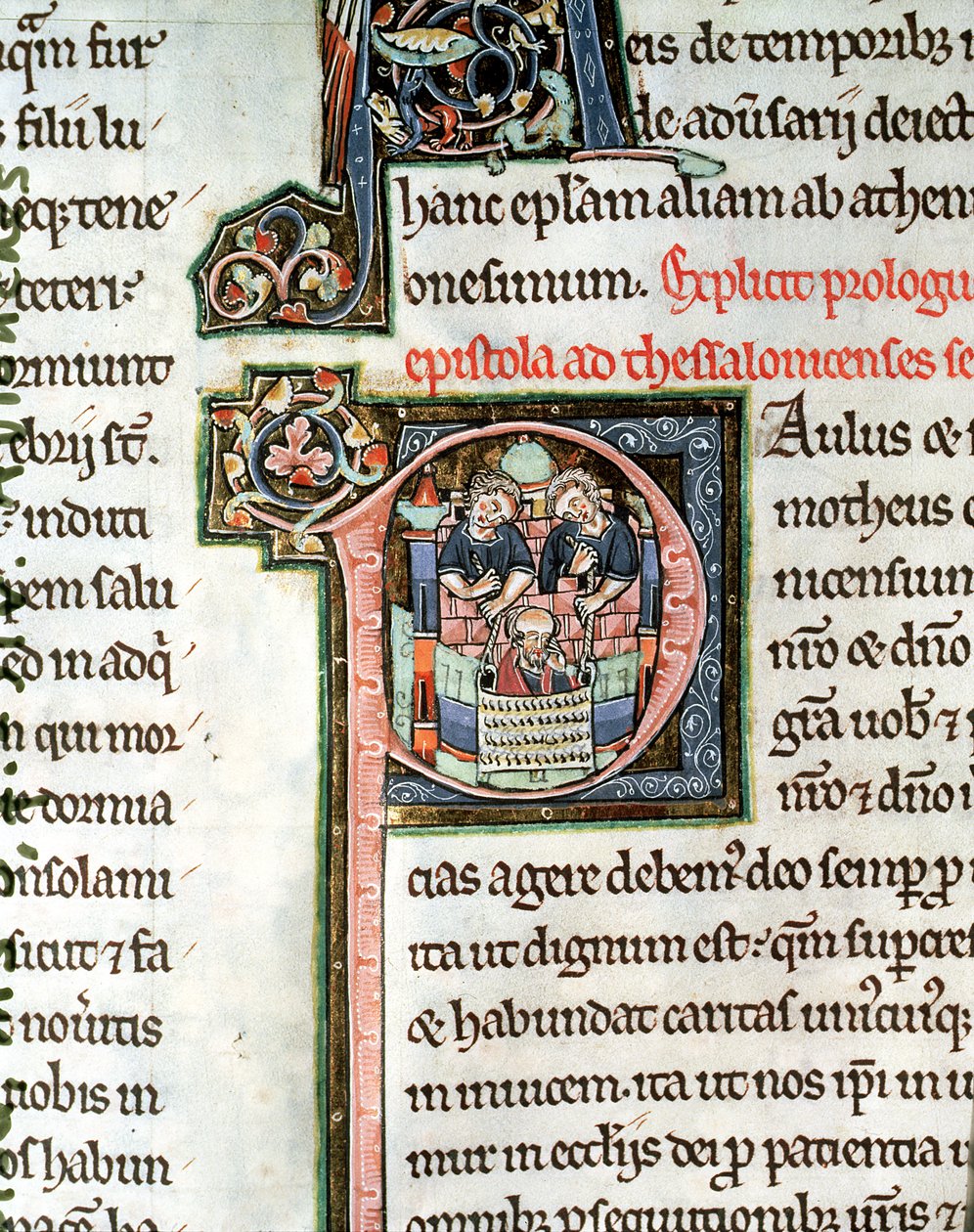 MS 3 Fol. 291v La fuga di San Paolo da Damasco, lettera iniziale illuminata P, XIII secolo, dalla Bibbia di Avranches da French School