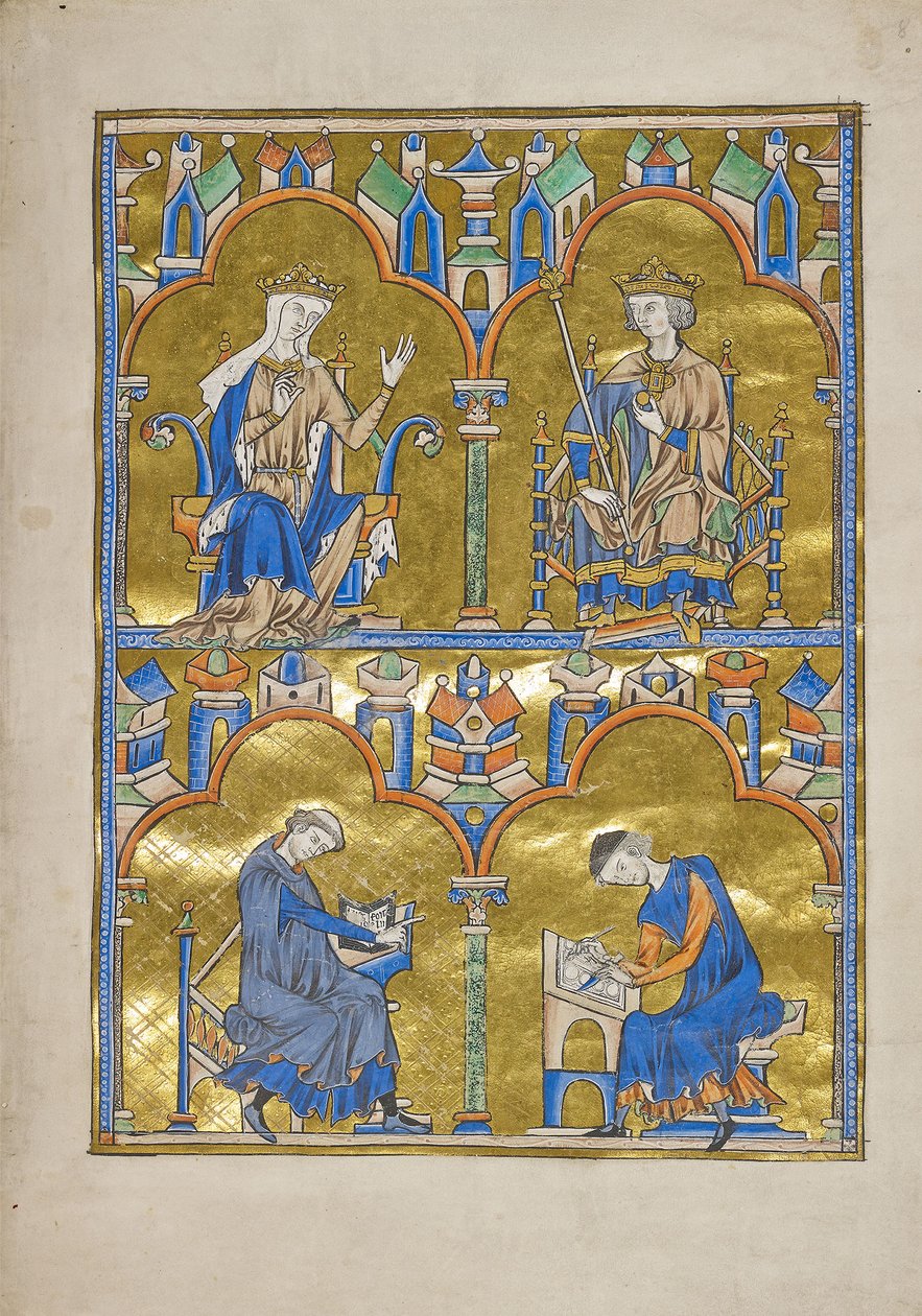 MS M.240 f.8r, Bianca di Castiglia e Re Luigi IX di Francia e sotto: Autore che detta a uno scriba, Bibbia di San Luigi (Bibbia Moralizzata), probabilmente Parigi da French School