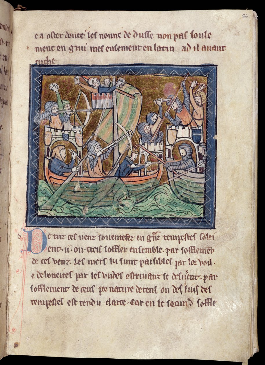 Pagina di testo con illuminazione di una battaglia navale, dal De Re Militari, c.1270 da French School